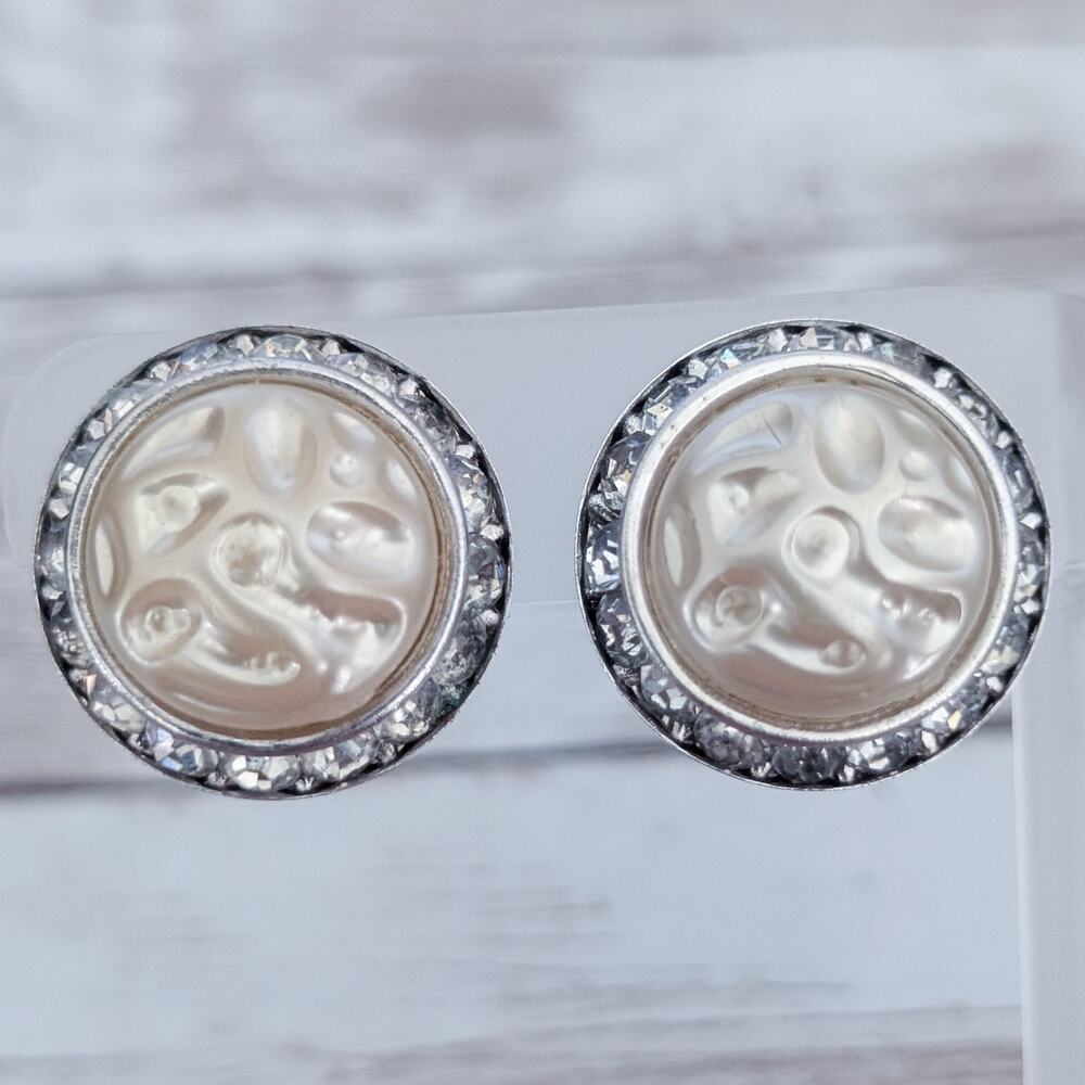 Vintage Clip On Earrings Cream with Clear Gem Halo